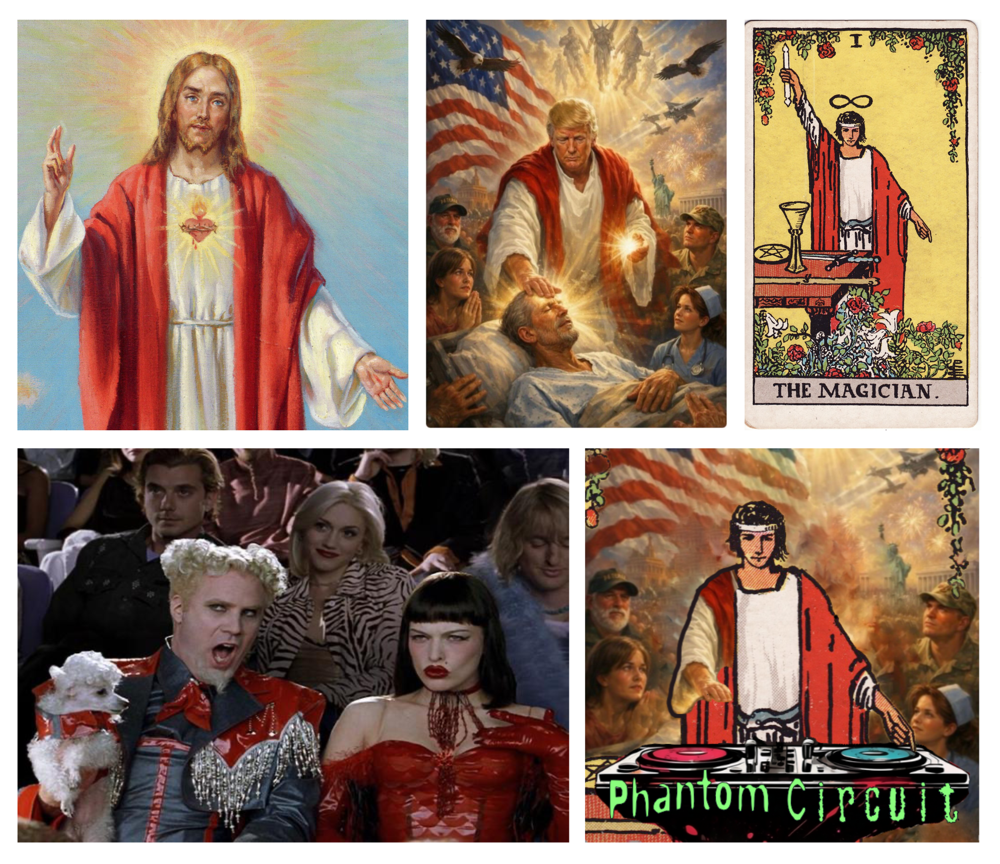 composite image of: a portrait of Jesus; the infamous image posted by Trump; the ‘Magician’ tarot card; montage by Phantom Circuit; ‘So hot right now’ still from ‘Zoolander’